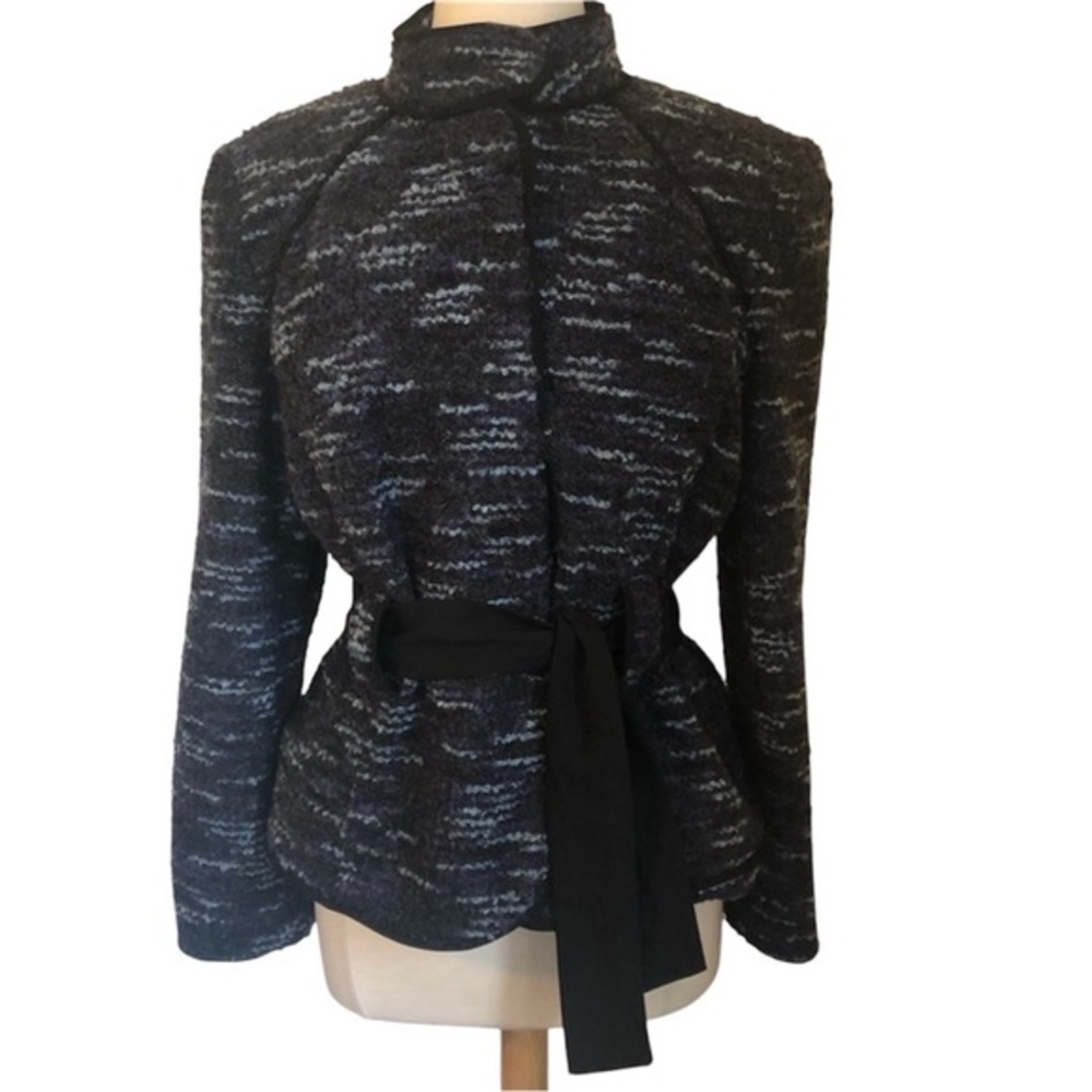 Sandro Sportswear black,blue & purple Tweed Jacket w/ribbon tie belt Size Large